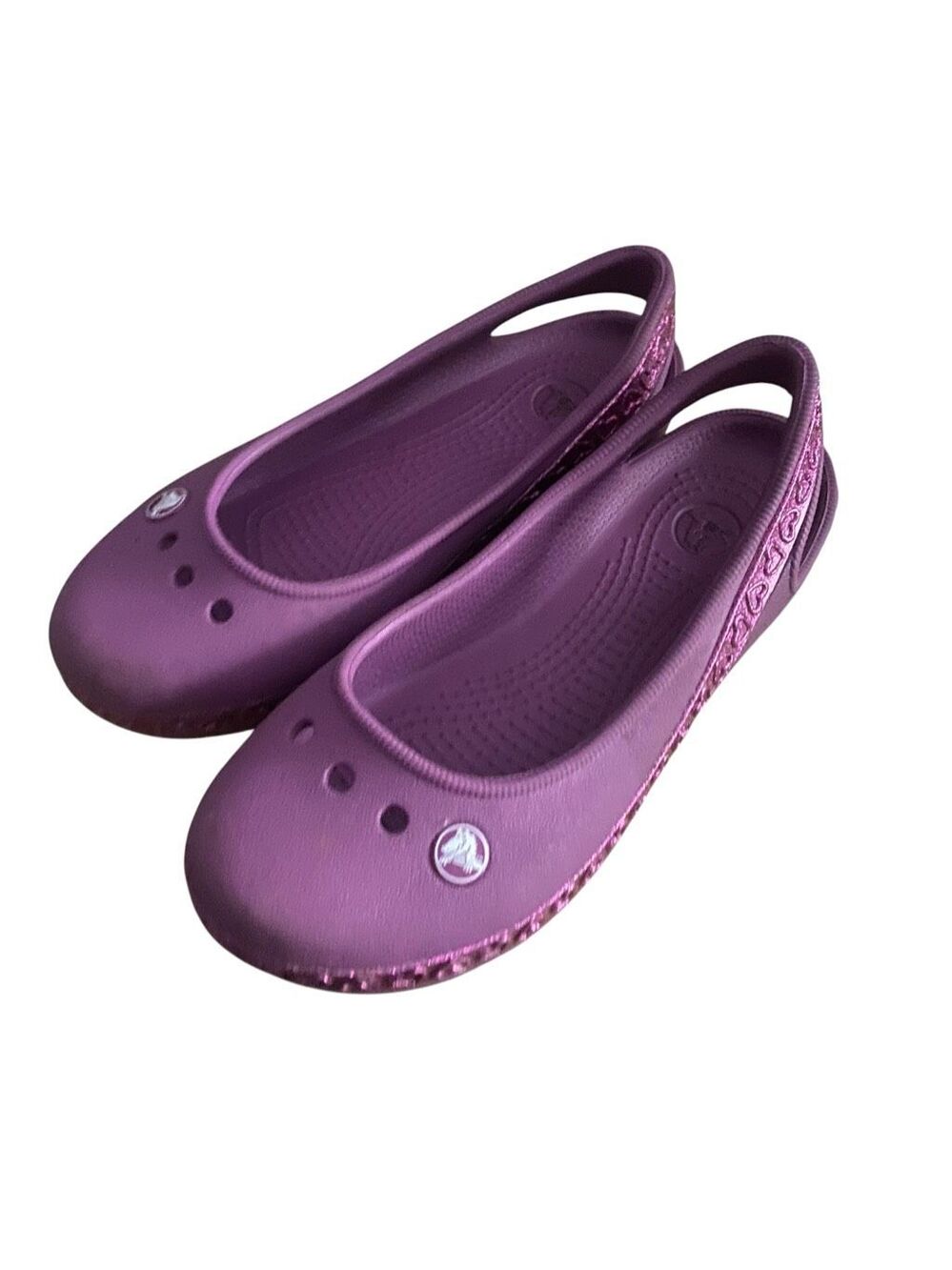 Crocs Genna II Sparkle Shoes Slingback Flat Purple Kid Juniors Sz 12 Hearts